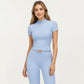 Short Sleeve Zip Front Fitted Active Top with Mock Neck and Ribbed Stretch Fabric