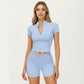Short Sleeve Zip Front Fitted Active Top with Mock Neck and Ribbed Stretch Fabric