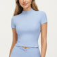 Short Sleeve Zip Front Fitted Active Top with Mock Neck and Ribbed Stretch Fabric