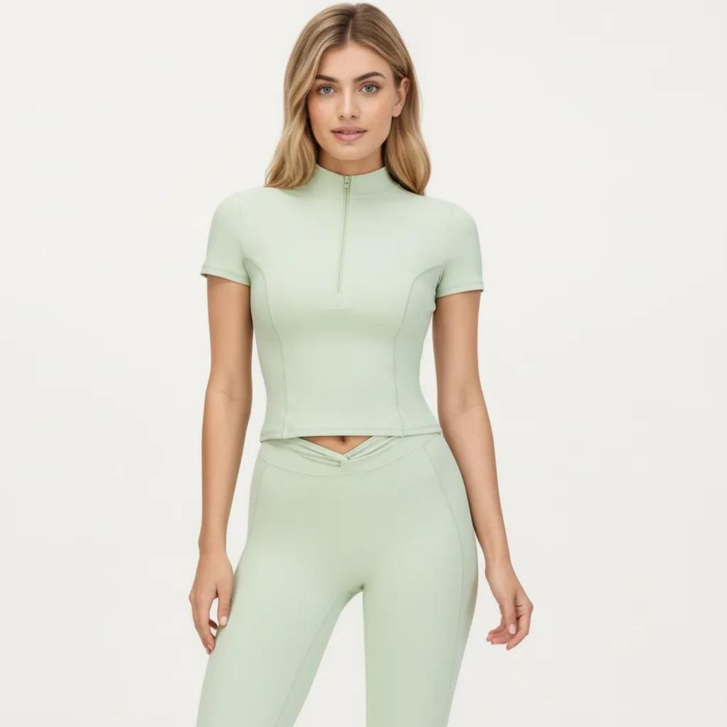 Short Sleeve Zip Front Fitted Active Top with Mock Neck and Ribbed Stretch Fabric