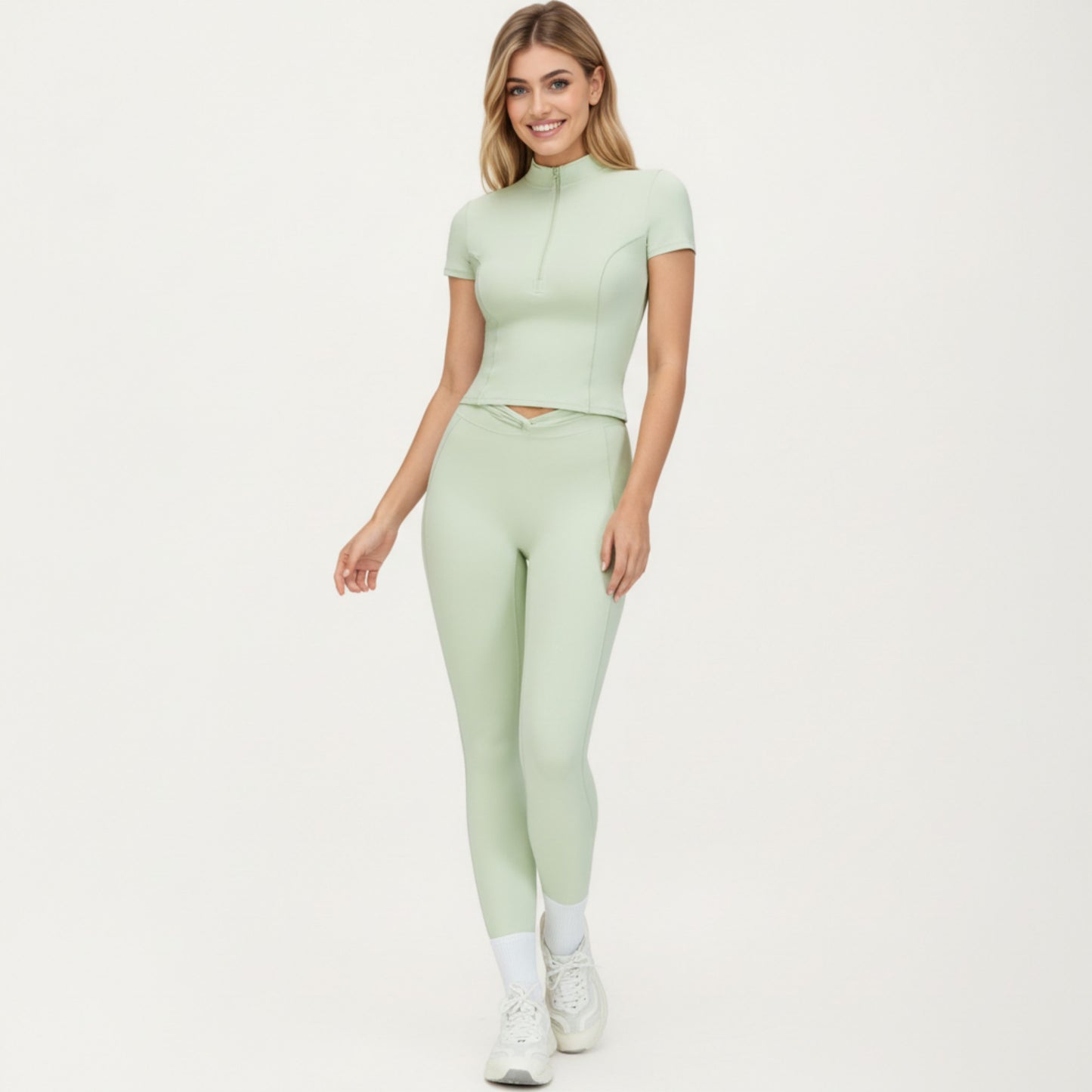Short Sleeve Zip Front Fitted Active Top with Mock Neck and Ribbed Stretch Fabric