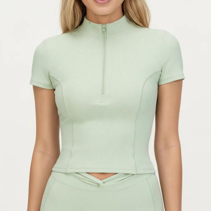 Short Sleeve Zip Front Fitted Active Top with Mock Neck and Ribbed Stretch Fabric
