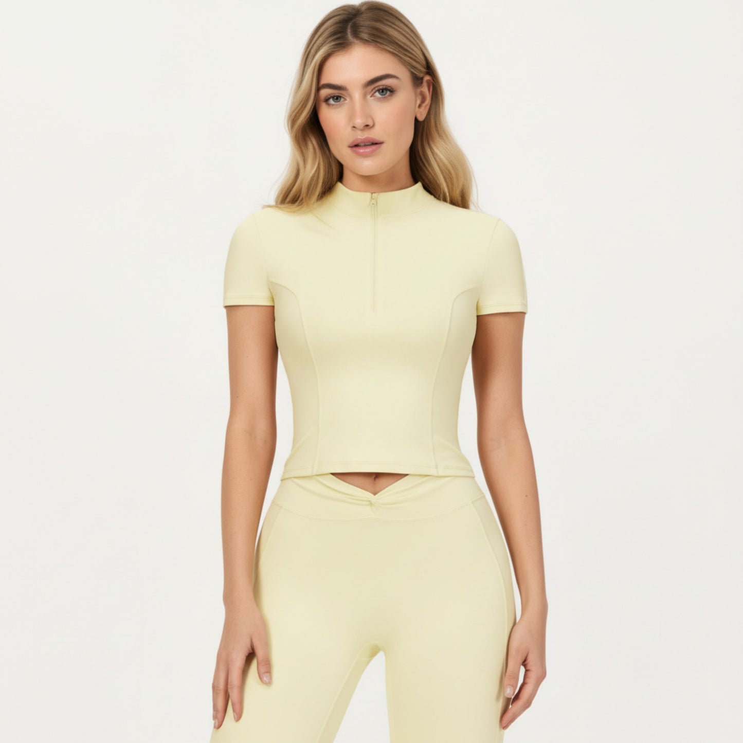 Short Sleeve Zip Front Fitted Active Top with Mock Neck and Ribbed Stretch Fabric