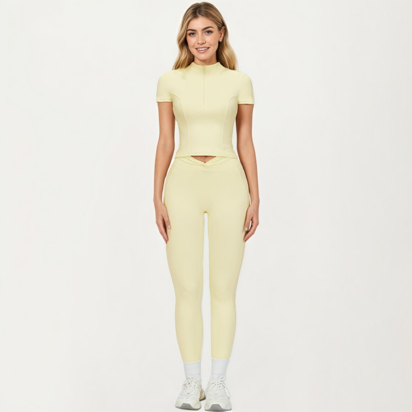 Short Sleeve Zip Front Fitted Active Top with Mock Neck and Ribbed Stretch Fabric