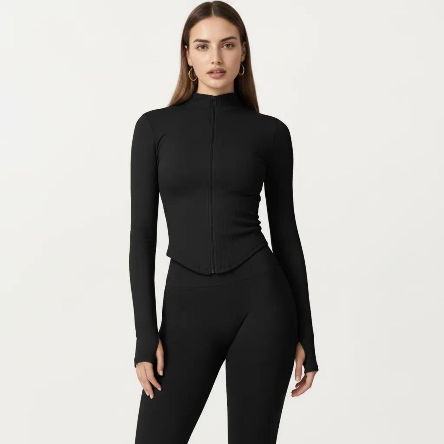 Long Sleeve Zip Front Fitted Active Top with High Neck and Thumbhole Cuffs
