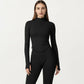 Long Sleeve Zip Front Fitted Active Top with High Neck and Thumbhole Cuffs