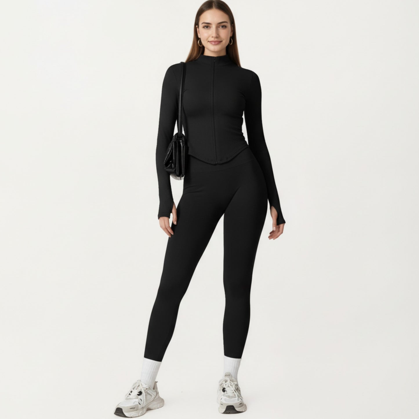 Long Sleeve Zip Front Fitted Active Top with High Neck and Thumbhole Cuffs