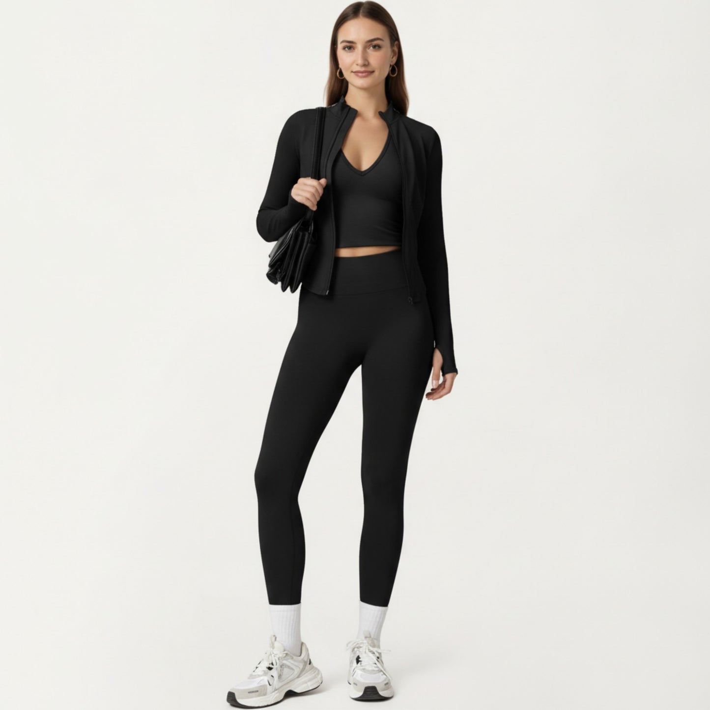 Long Sleeve Zip Front Fitted Active Top with High Neck and Thumbhole Cuffs