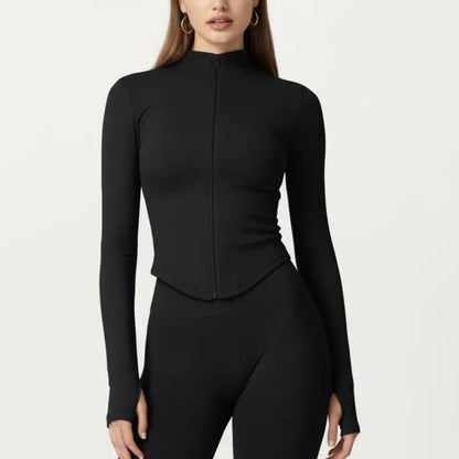 Long Sleeve Zip Front Fitted Active Top with High Neck and Thumbhole Cuffs