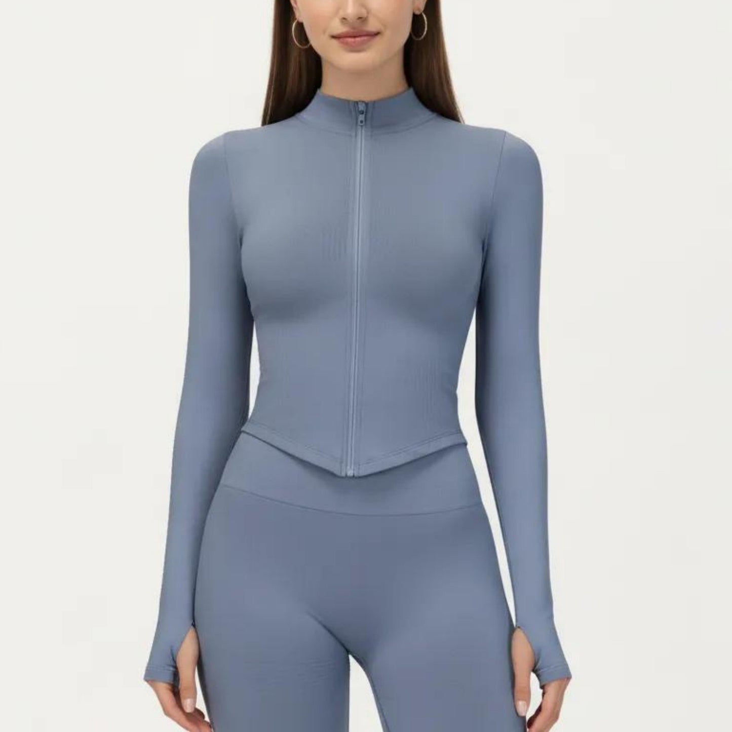 Long Sleeve Zip Front Fitted Active Top with High Neck and Thumbhole Cuffs