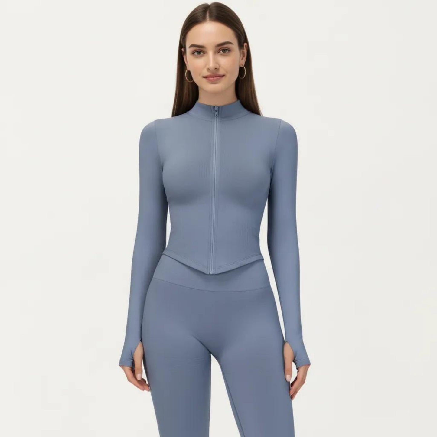 Long Sleeve Zip Front Fitted Active Top with High Neck and Thumbhole Cuffs