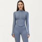 Long Sleeve Zip Front Fitted Active Top with High Neck and Thumbhole Cuffs
