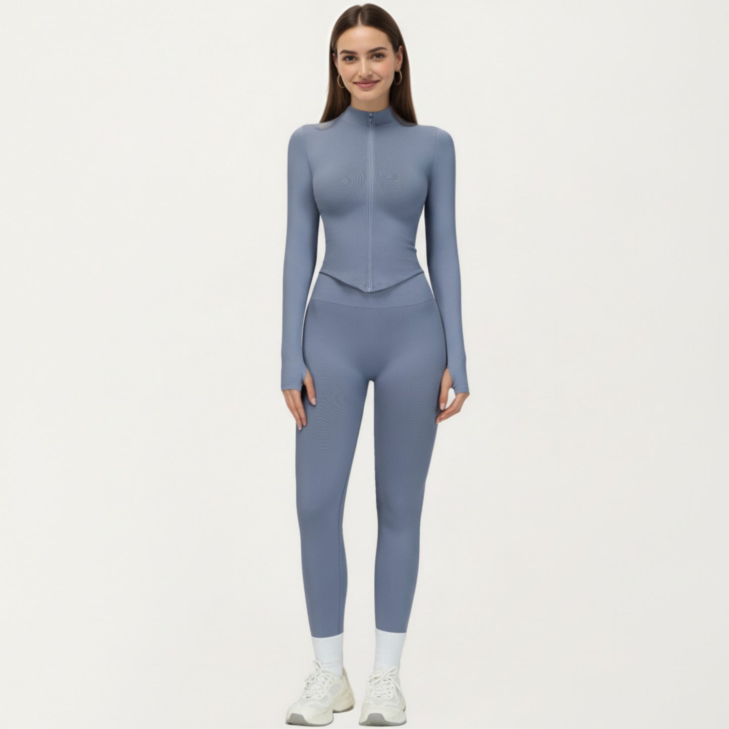 Long Sleeve Zip Front Fitted Active Top with High Neck and Thumbhole Cuffs
