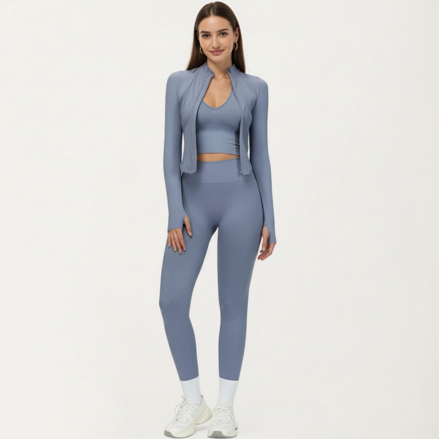 Long Sleeve Zip Front Fitted Active Top with High Neck and Thumbhole Cuffs