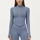 Long Sleeve Zip Front Fitted Active Top with High Neck and Thumbhole Cuffs