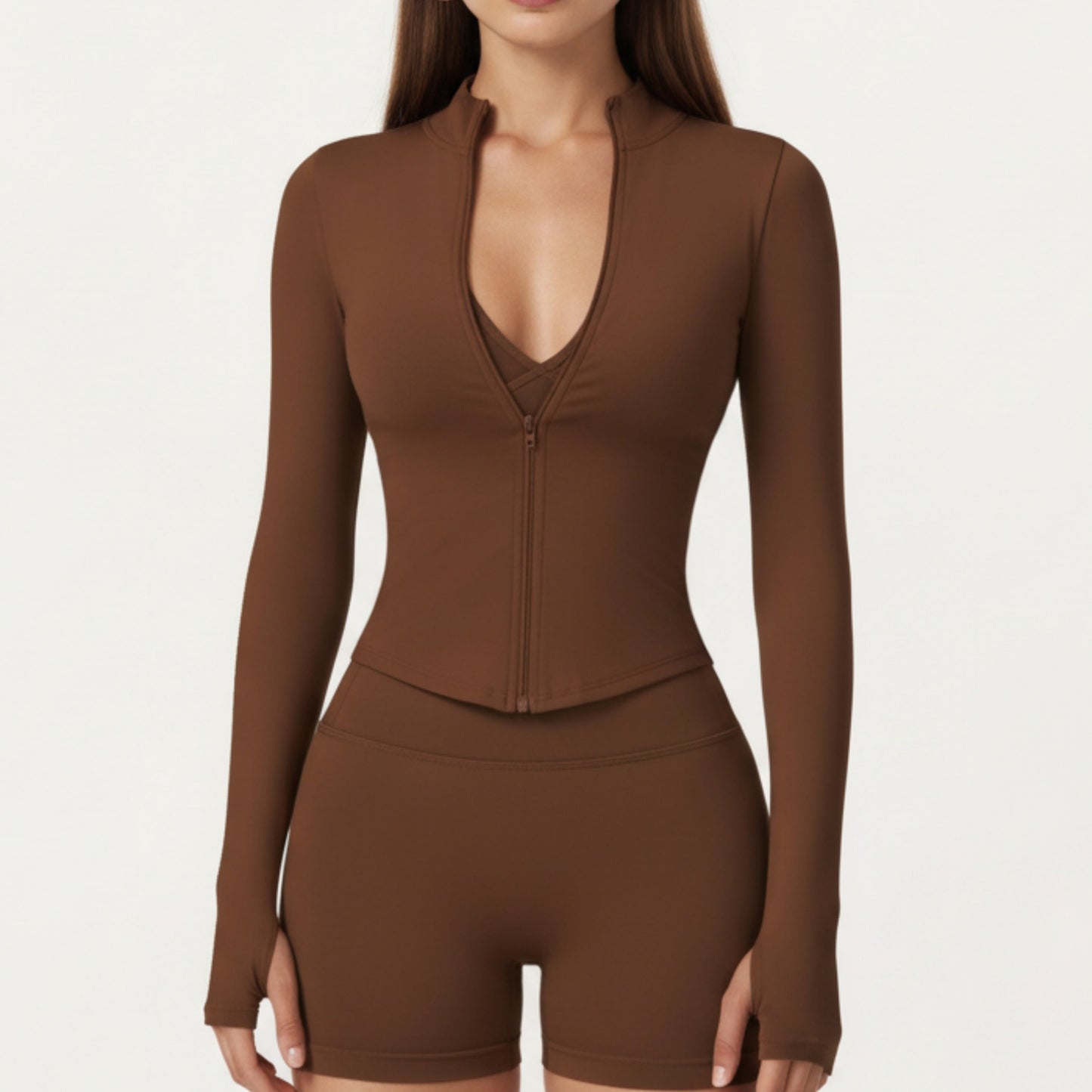 Long Sleeve Zip Front Fitted Active Top with High Neck and Thumbhole Cuffs