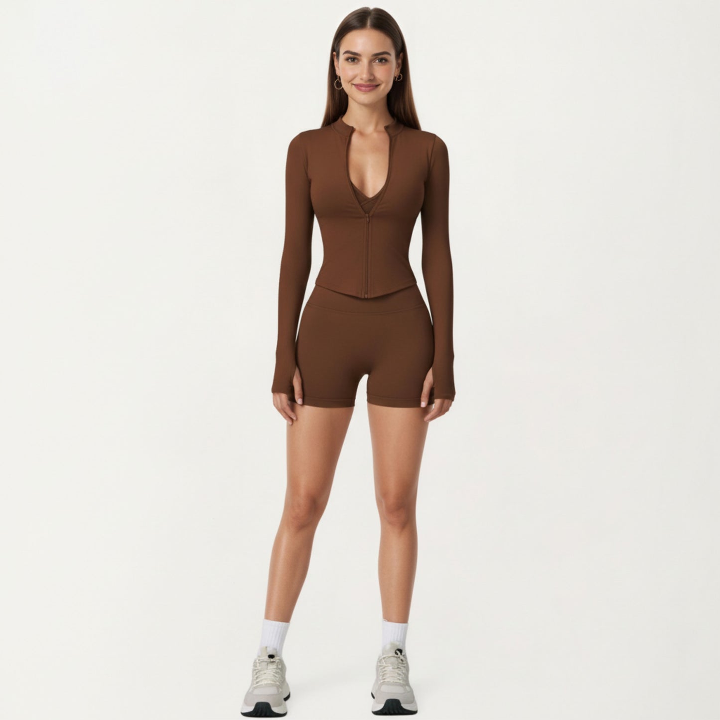 Long Sleeve Zip Front Fitted Active Top with High Neck and Thumbhole Cuffs