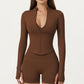 Long Sleeve Zip Front Fitted Active Top with High Neck and Thumbhole Cuffs