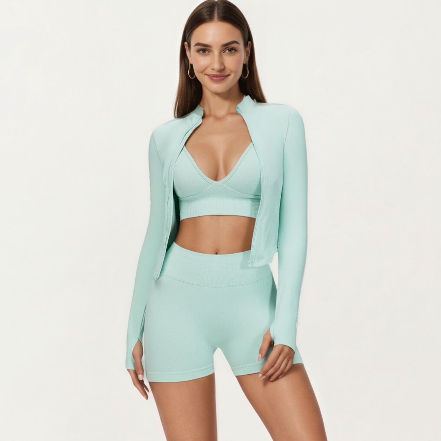 Long Sleeve Zip Front Fitted Active Top with High Neck and Thumbhole Cuffs