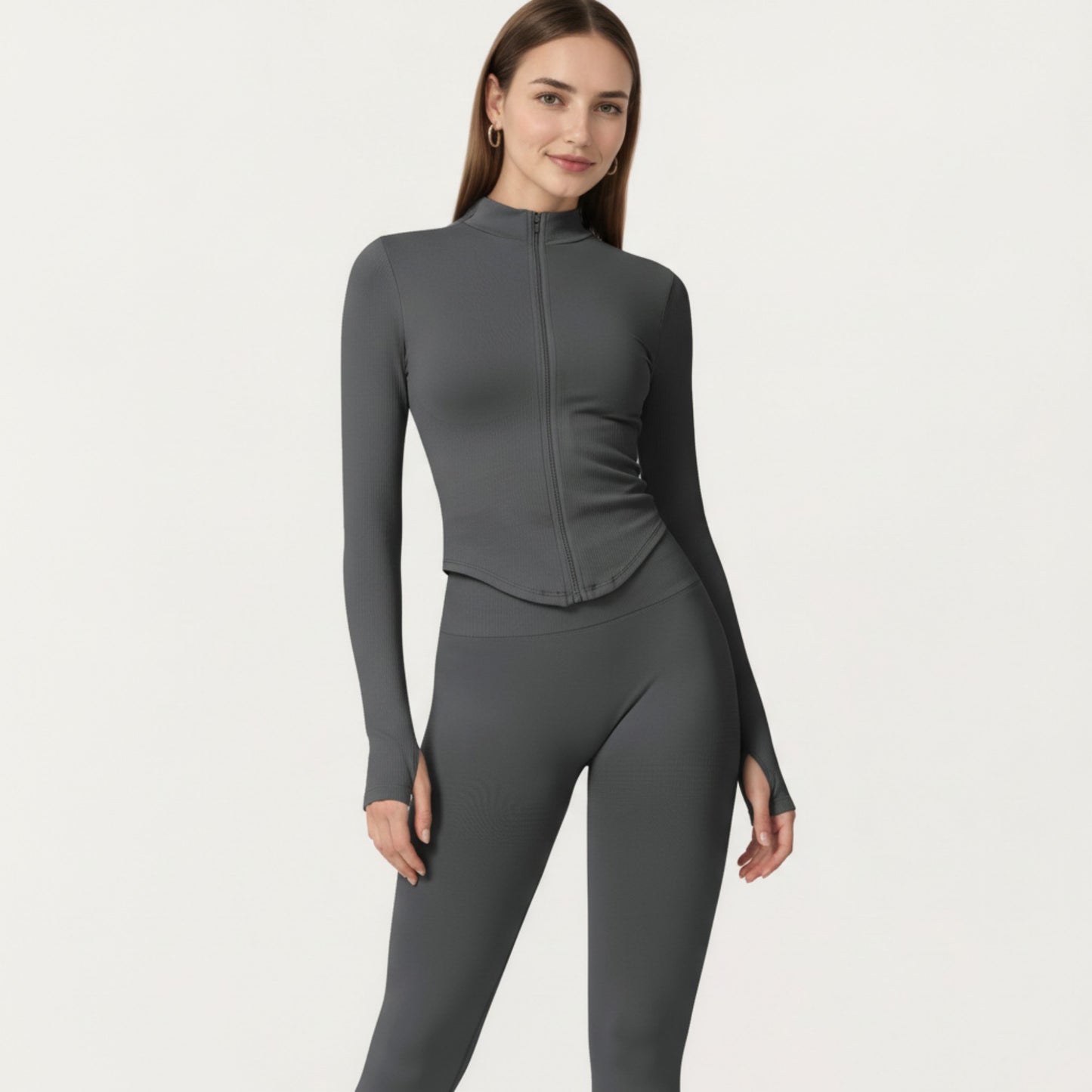 Long Sleeve Zip Front Fitted Active Top with High Neck and Thumbhole Cuffs