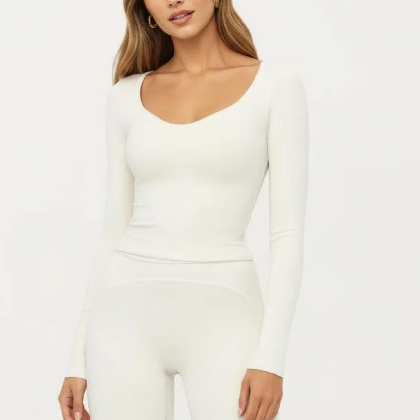 Long Sleeve Cropped Top with V Neckline Contrast Trim and Smooth Stretch Fit