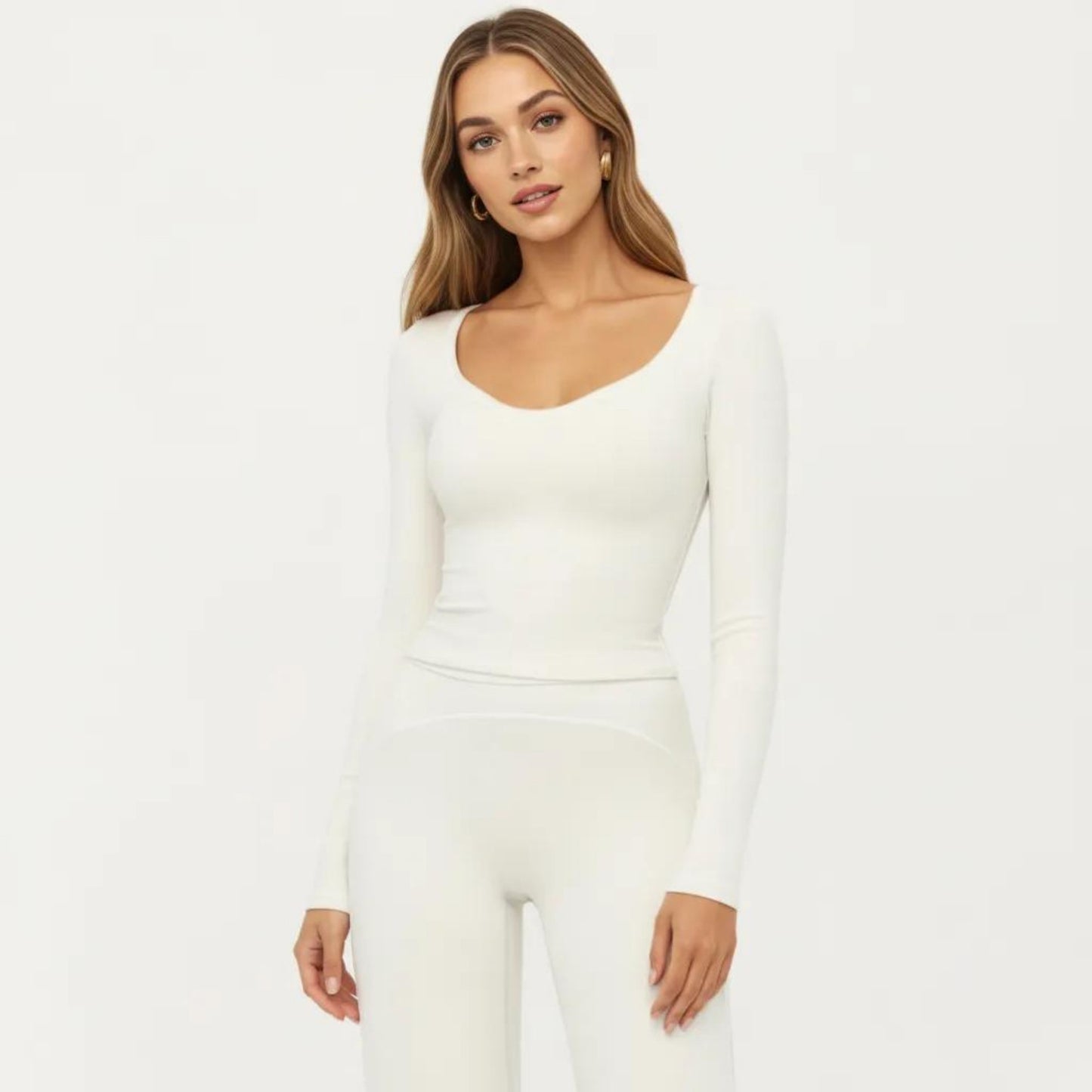 Long Sleeve Cropped Top with V Neckline Contrast Trim and Smooth Stretch Fit