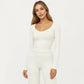 Long Sleeve Cropped Top with V Neckline Contrast Trim and Smooth Stretch Fit