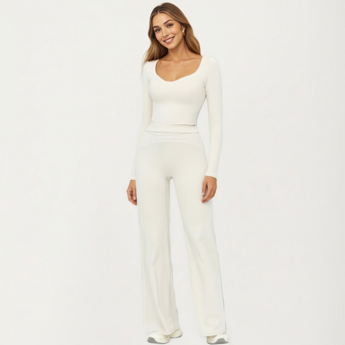 Long Sleeve Cropped Top with V Neckline Contrast Trim and Smooth Stretch Fit