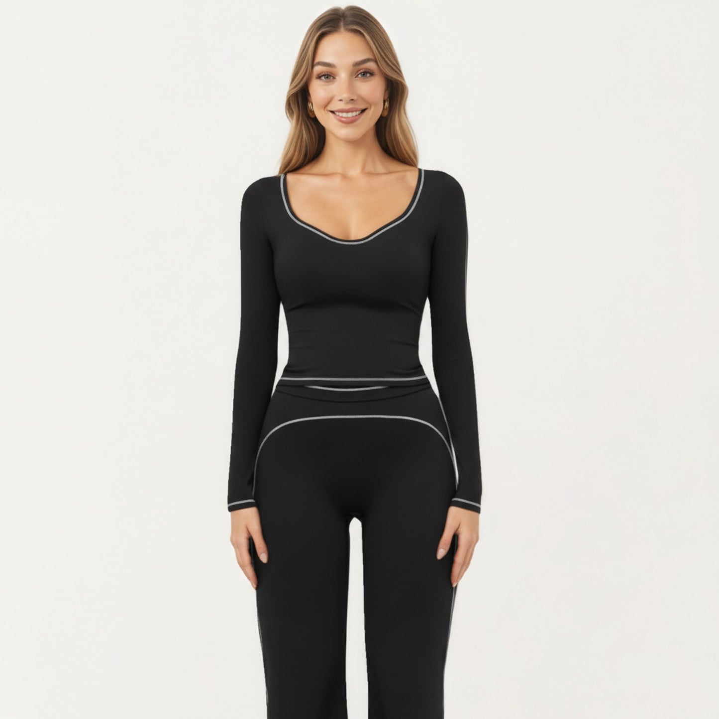 Long Sleeve Cropped Top with V Neckline Contrast Trim and Smooth Stretch Fit