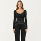 Long Sleeve Cropped Top with V Neckline Contrast Trim and Smooth Stretch Fit