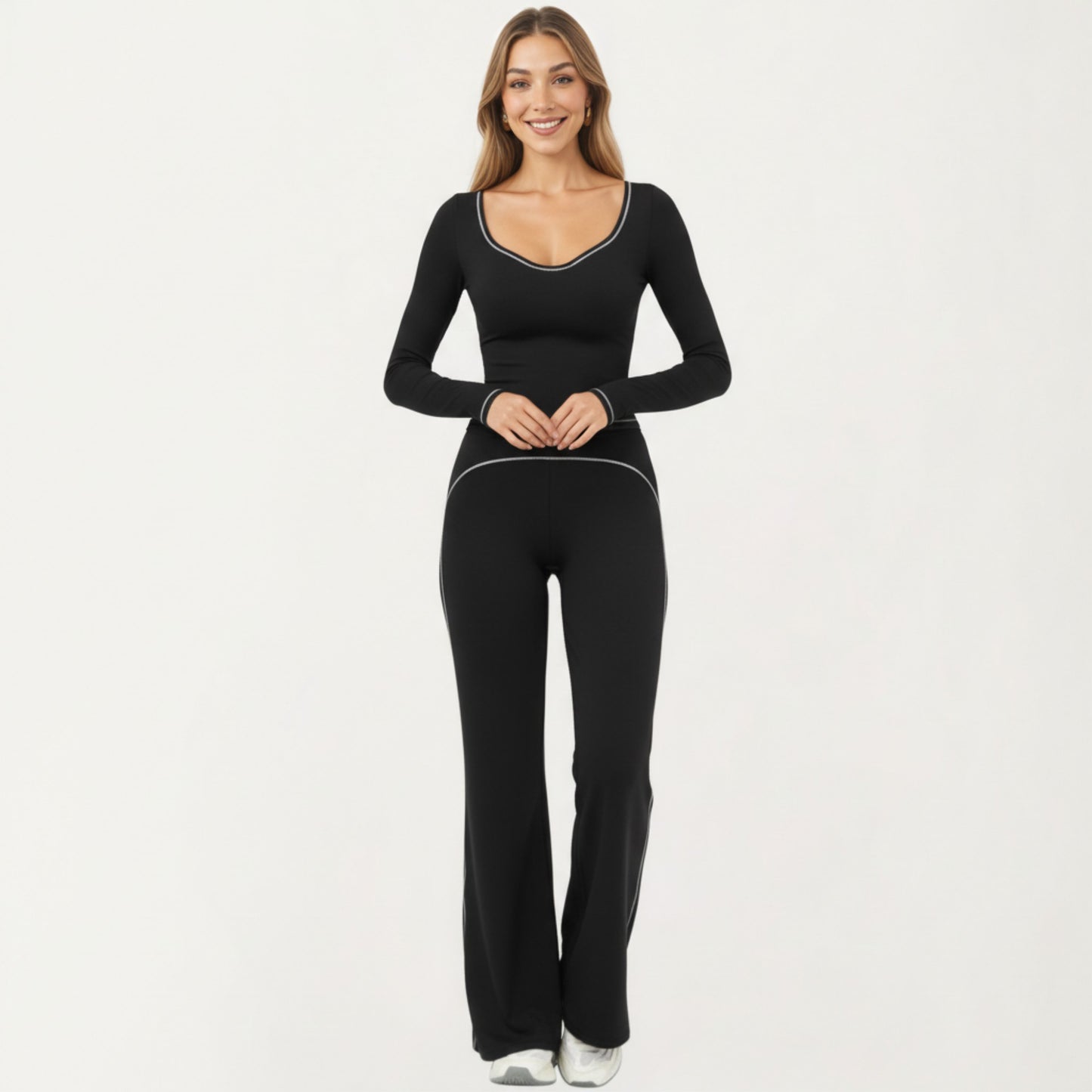 Long Sleeve Cropped Top with V Neckline Contrast Trim and Smooth Stretch Fit