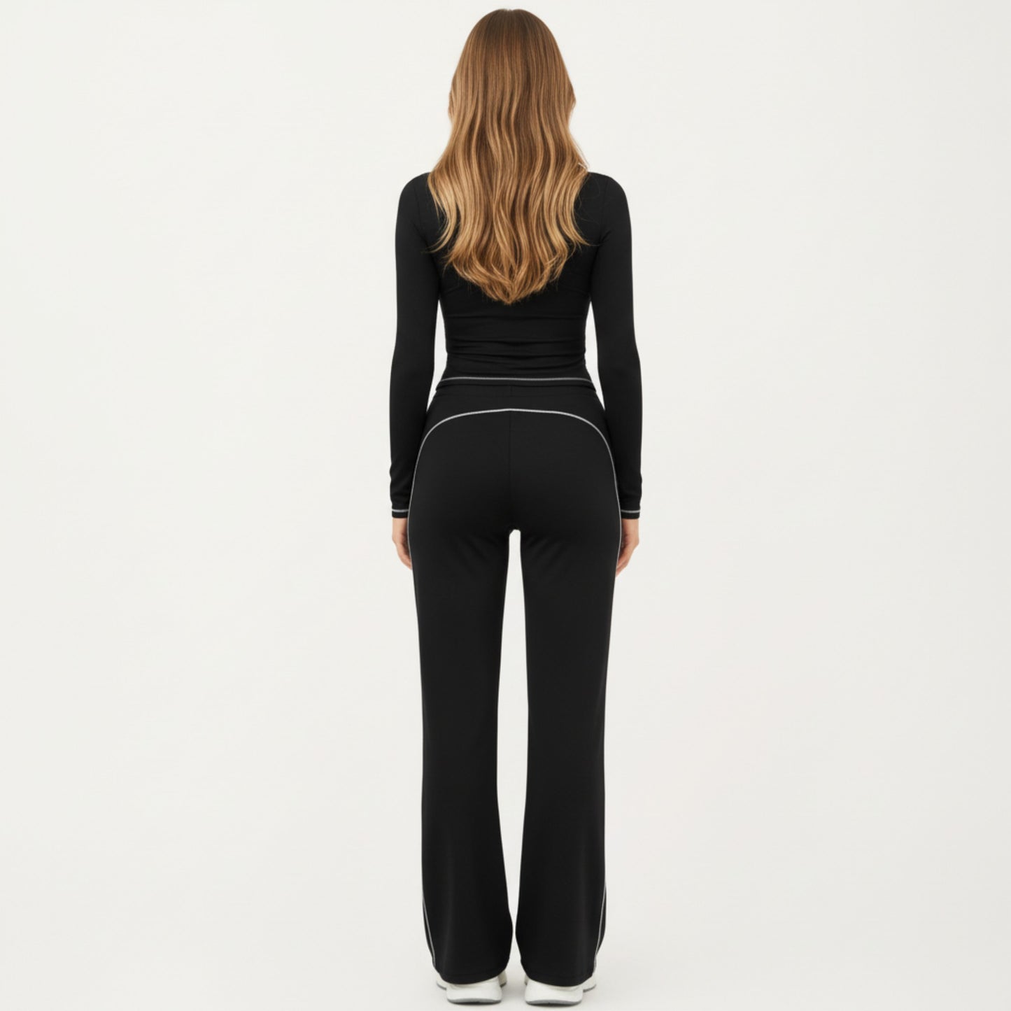 Long Sleeve Cropped Top with V Neckline Contrast Trim and Smooth Stretch Fit