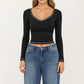Long Sleeve Cropped Top with V Neckline Contrast Trim and Smooth Stretch Fit