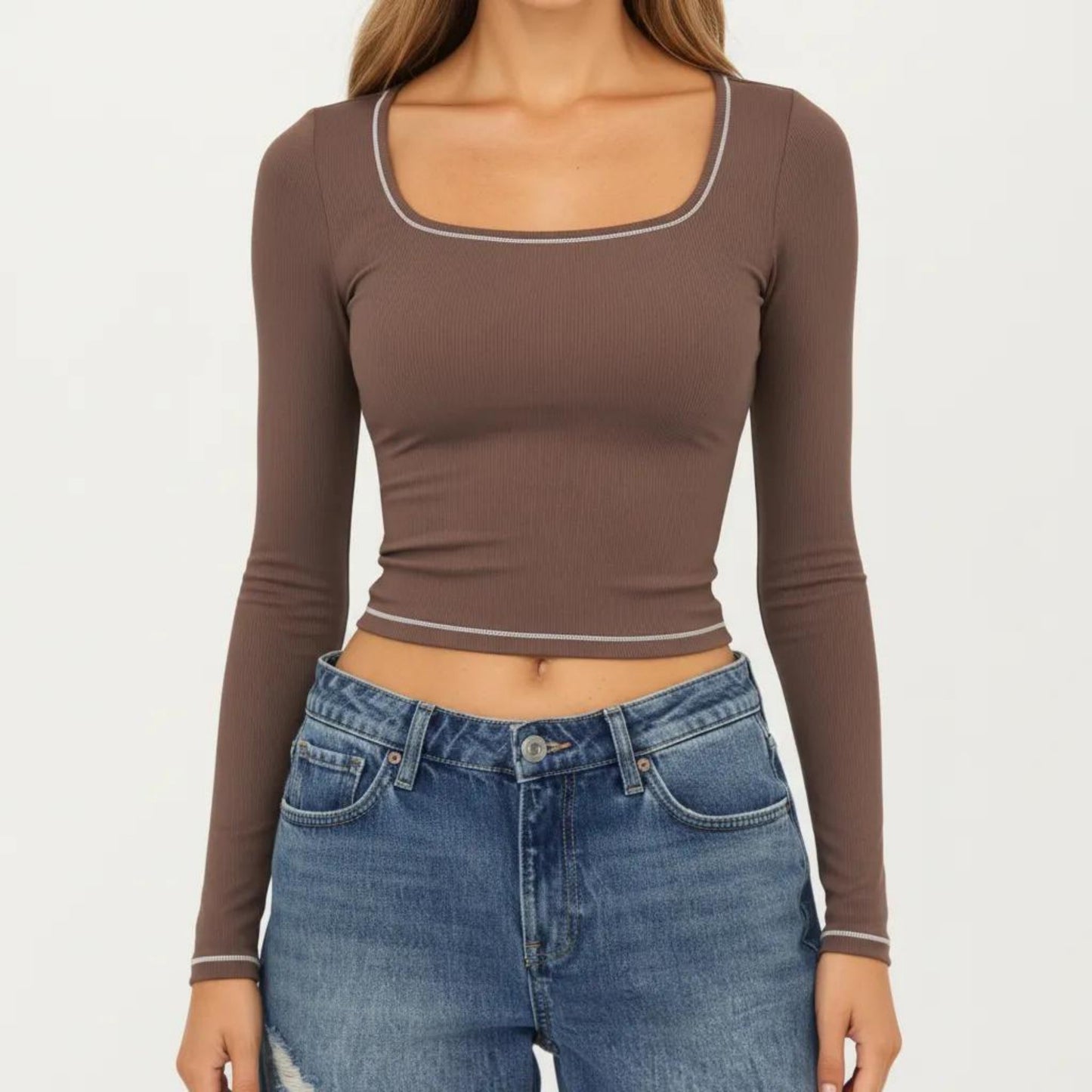 Long Sleeve Cropped Top with V Neckline Contrast Trim and Smooth Stretch Fit