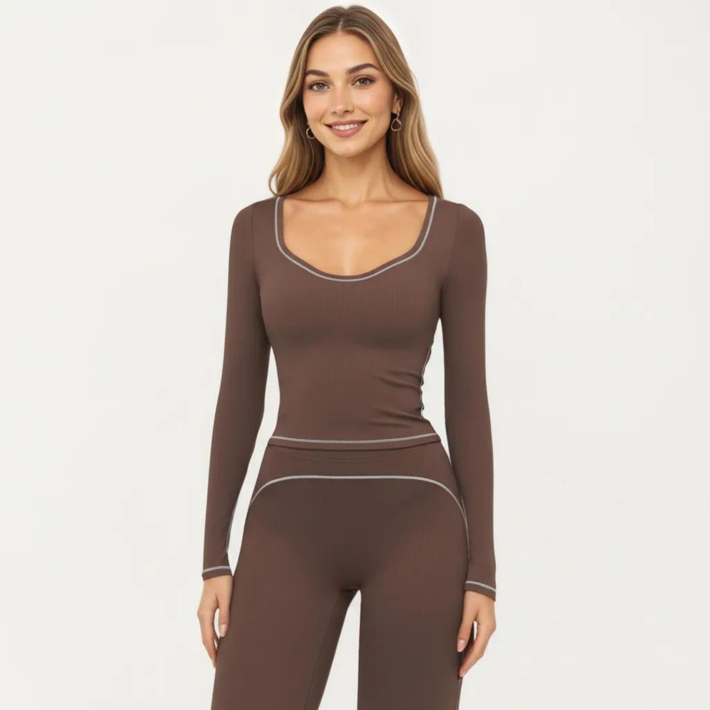Long Sleeve Cropped Top with V Neckline Contrast Trim and Smooth Stretch Fit