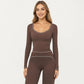 Long Sleeve Cropped Top with V Neckline Contrast Trim and Smooth Stretch Fit