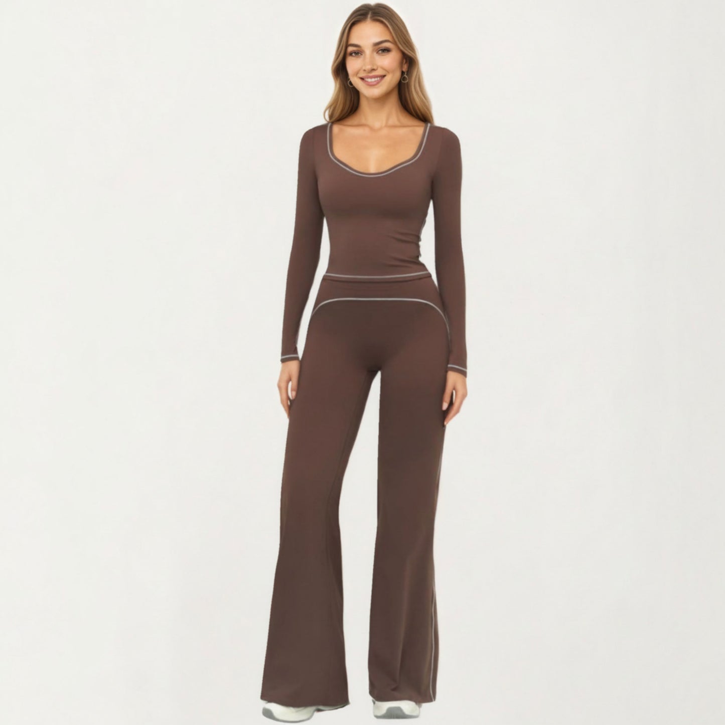Long Sleeve Cropped Top with V Neckline Contrast Trim and Smooth Stretch Fit