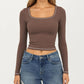 Long Sleeve Cropped Top with V Neckline Contrast Trim and Smooth Stretch Fit
