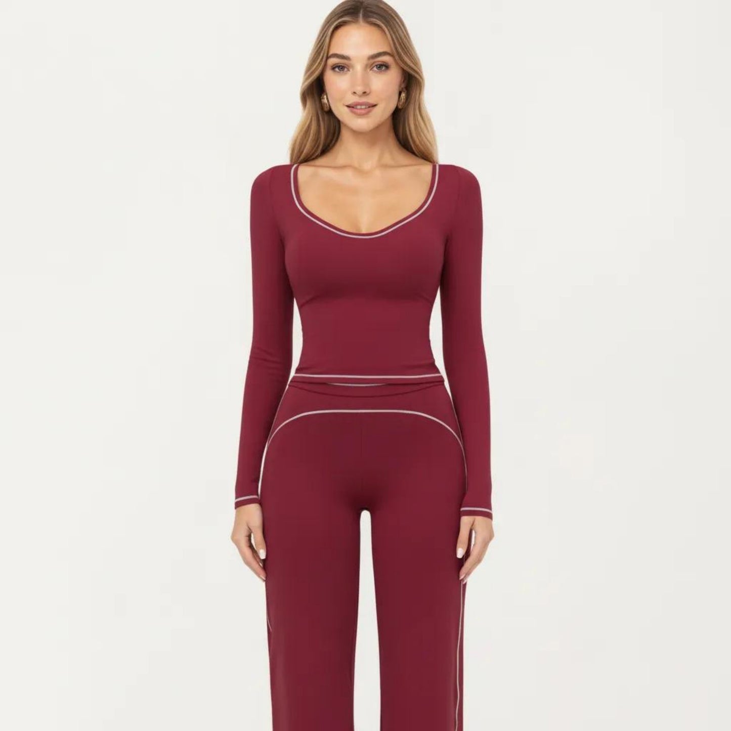 Long Sleeve Cropped Top with V Neckline Contrast Trim and Smooth Stretch Fit