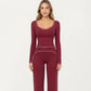 Long Sleeve Cropped Top with V Neckline Contrast Trim and Smooth Stretch Fit