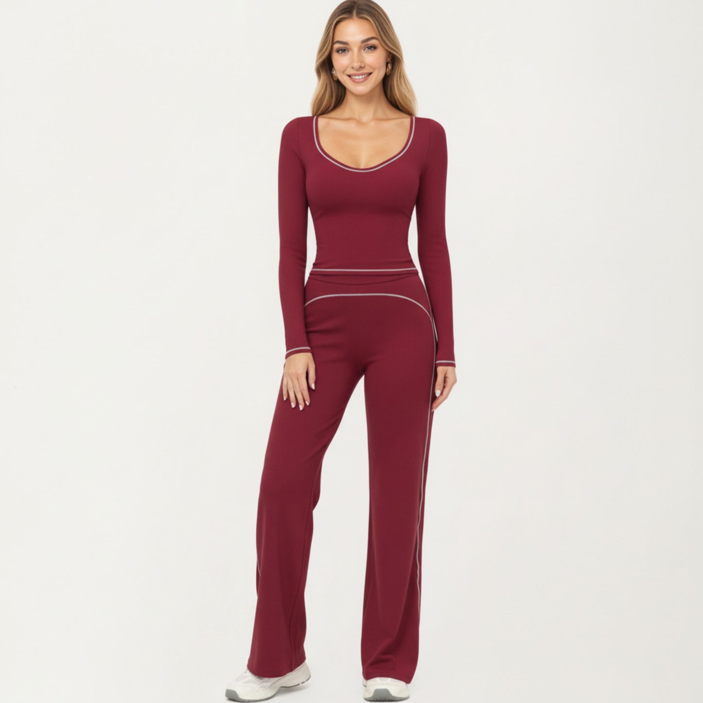 Long Sleeve Cropped Top with V Neckline Contrast Trim and Smooth Stretch Fit