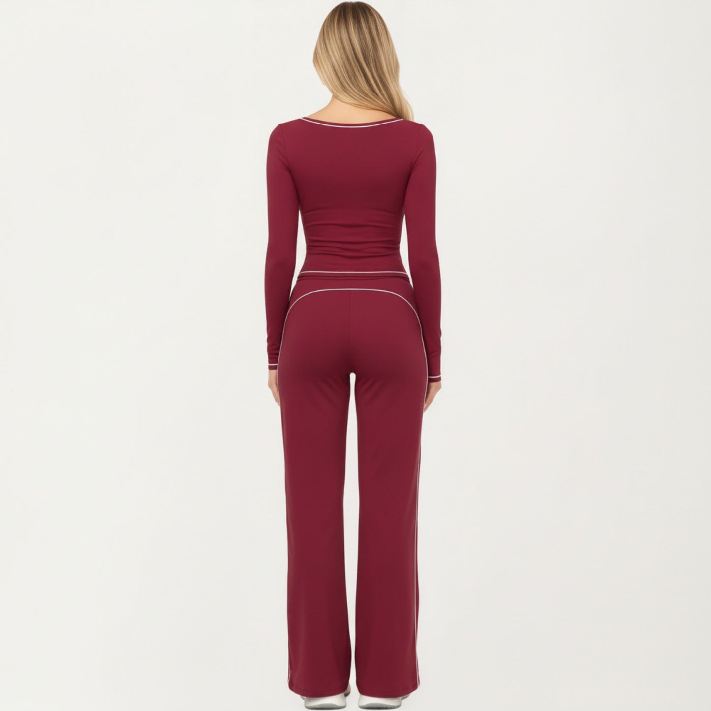 Long Sleeve Cropped Top with V Neckline Contrast Trim and Smooth Stretch Fit