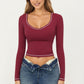 Long Sleeve Cropped Top with V Neckline Contrast Trim and Smooth Stretch Fit