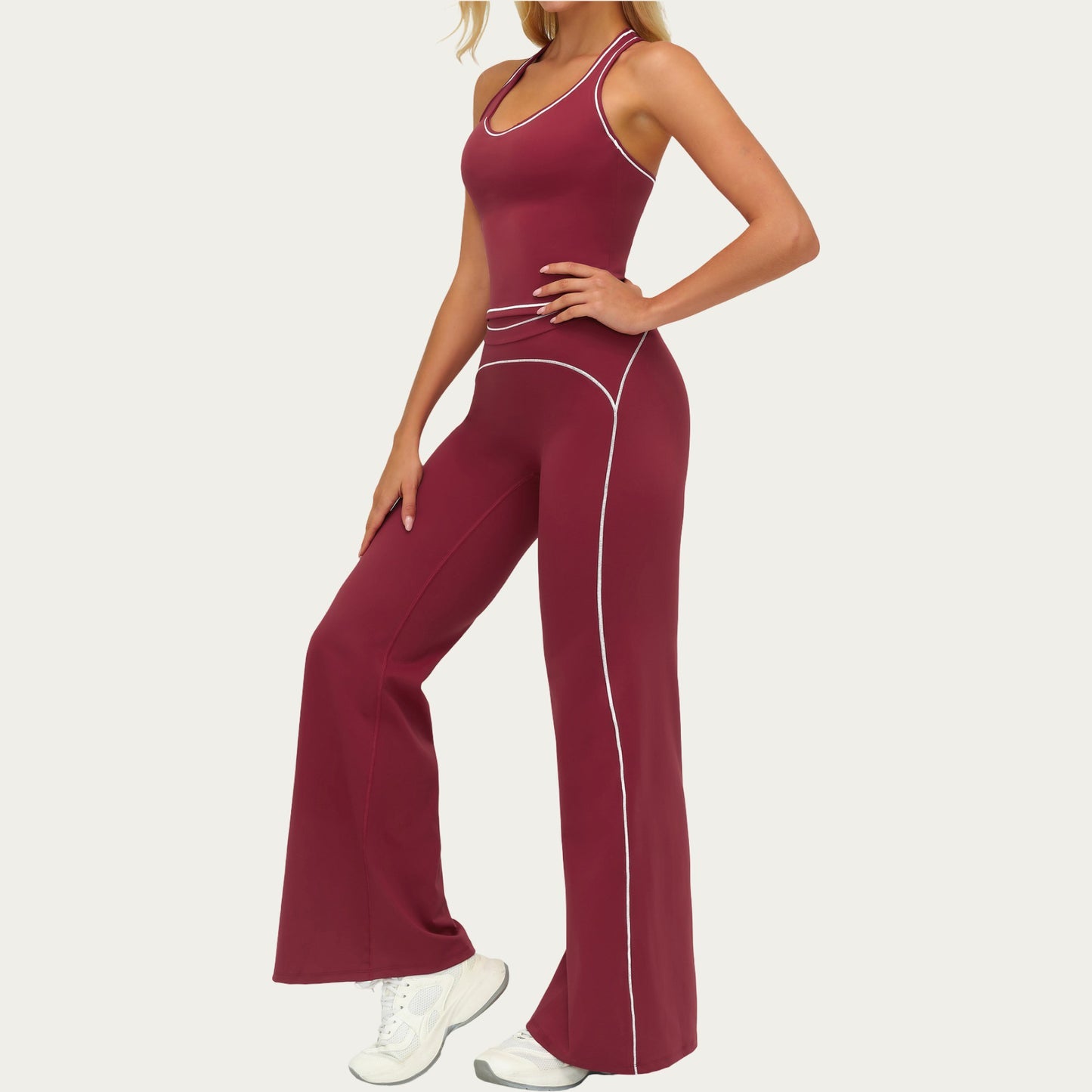 High Waist Flare Leg Active Pants with Sculpting Fit and Contrast Seam Detailing