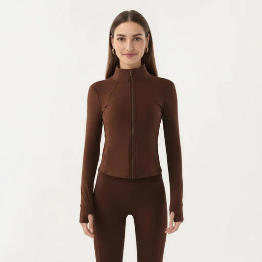 Long Sleeve Fitted Athletic Jacket with Full Zip Front Thumbhole Cuffs and Contoured Seams