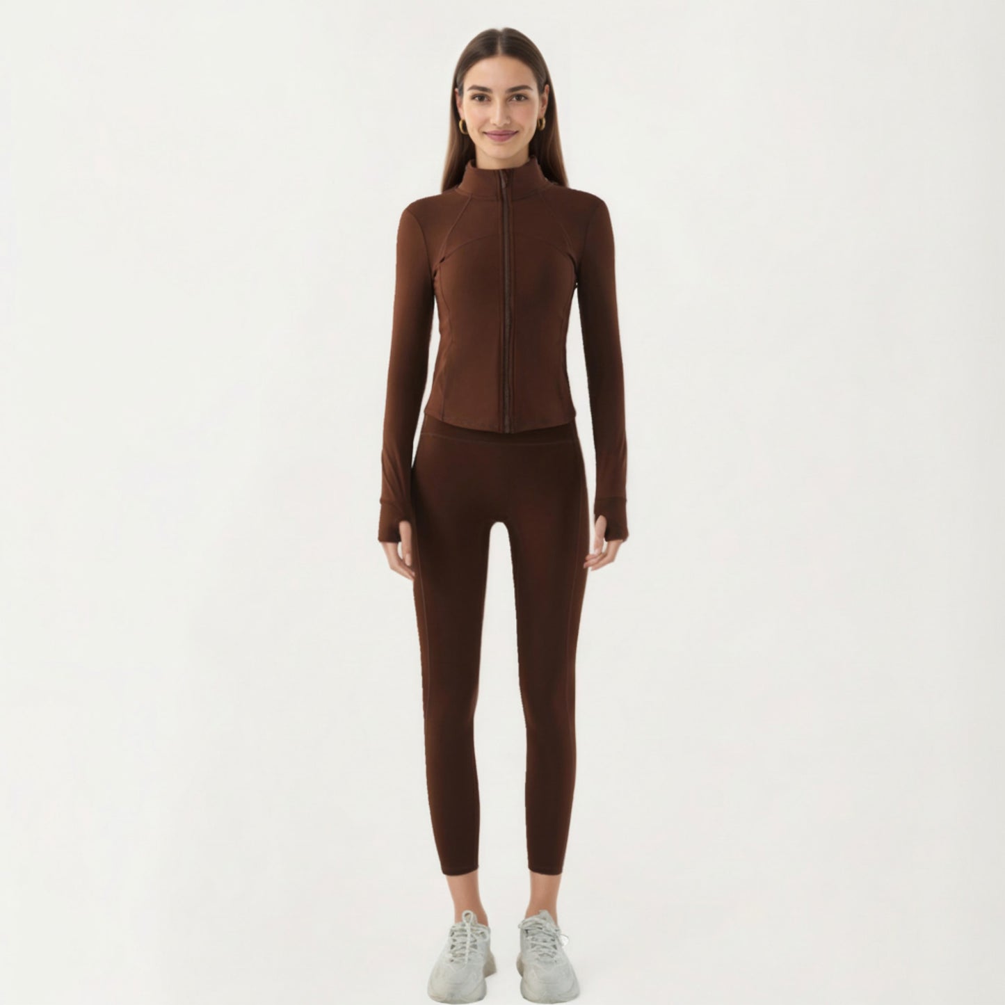Long Sleeve Fitted Athletic Jacket with Full Zip Front Thumbhole Cuffs and Contoured Seams