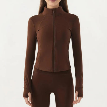 Long Sleeve Fitted Athletic Jacket with Full Zip Front Thumbhole Cuffs and Contoured Seams