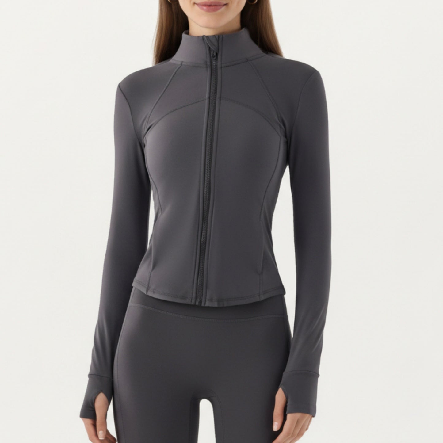 Long Sleeve Fitted Athletic Jacket with Full Zip Front Thumbhole Cuffs and Contoured Seams
