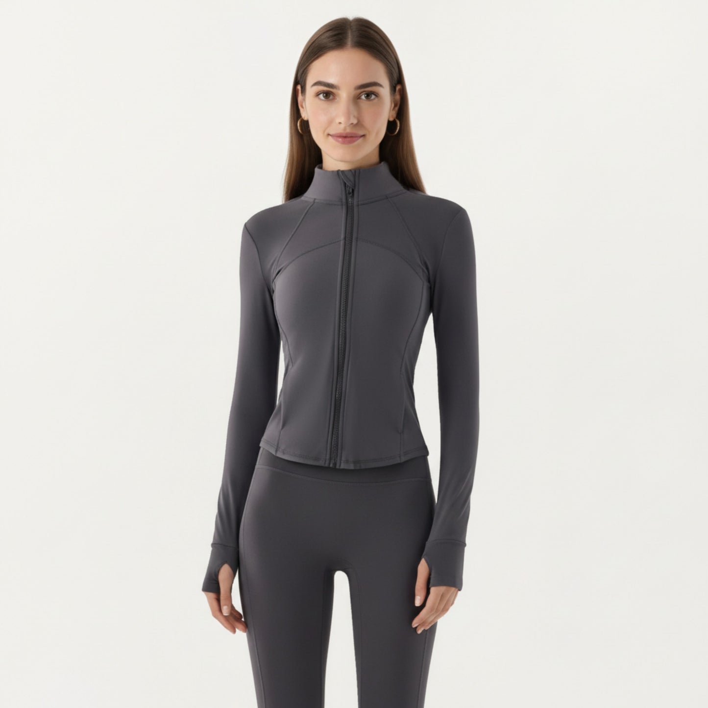 Long Sleeve Fitted Athletic Jacket with Full Zip Front Thumbhole Cuffs and Contoured Seams