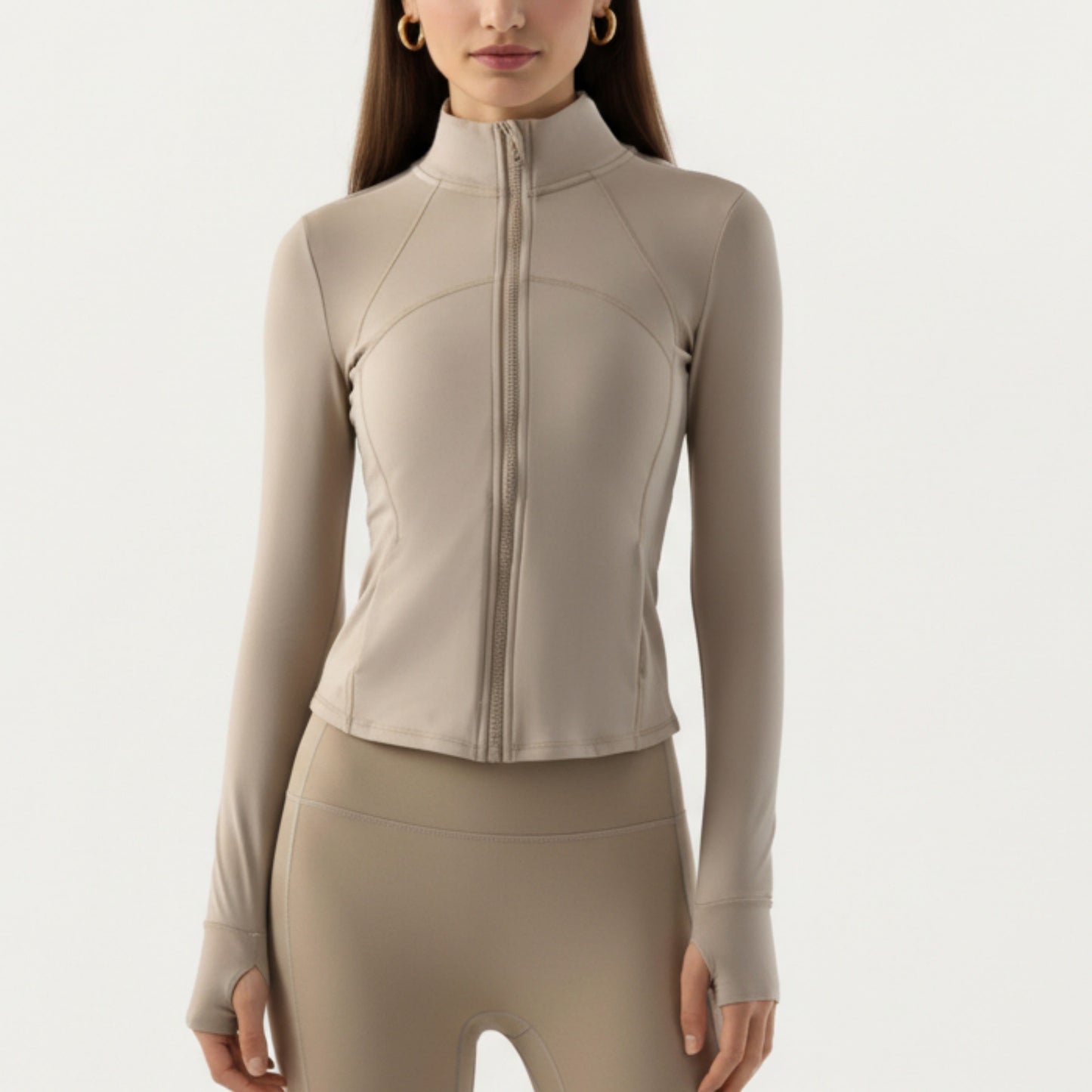 Long Sleeve Fitted Athletic Jacket with Full Zip Front Thumbhole Cuffs and Contoured Seams